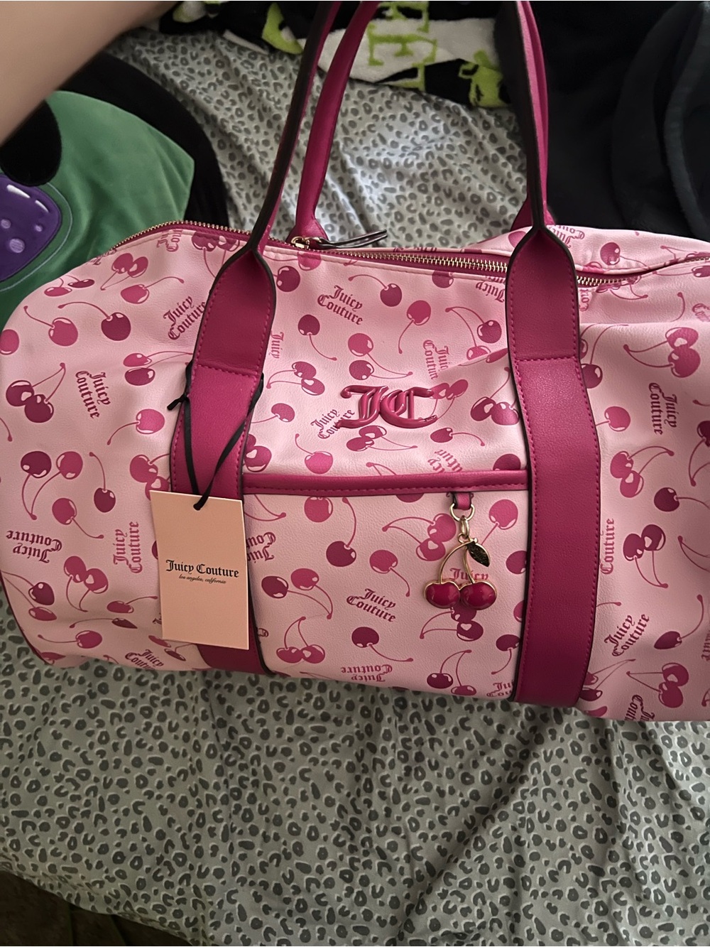 Juicy Couture Pink Cherry-Print Travel Duffle with Dark Pink Trim